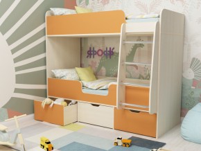 Кровать двухъярусная Малыш двойняшка дуб молочный-оранжевый в Трёхгорном - tryohgornyj.mebel74.com | фото